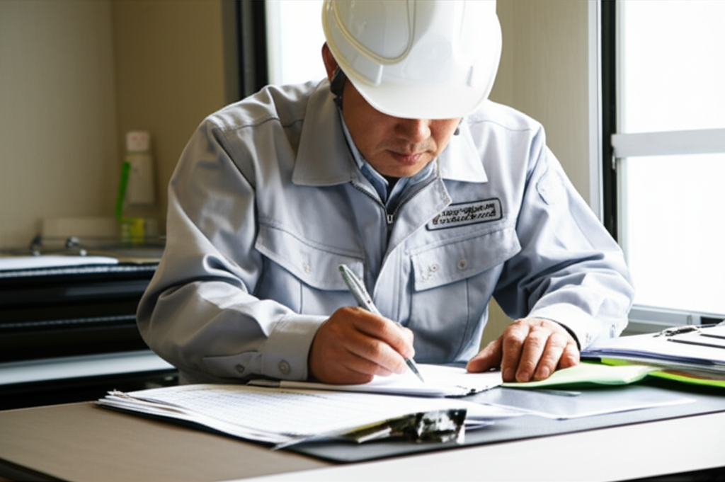 現場で書類を記入する建設作業員