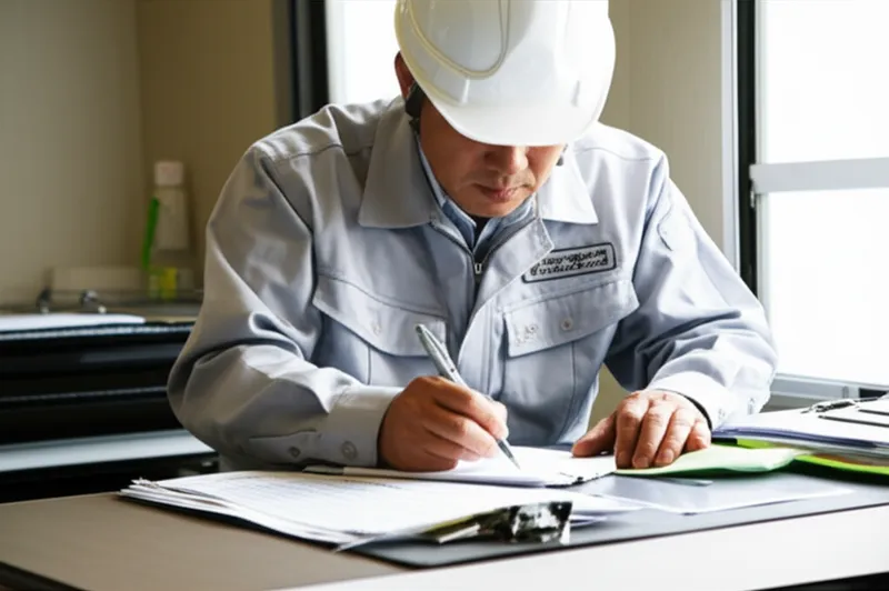 現場で書類を記入する建設作業員