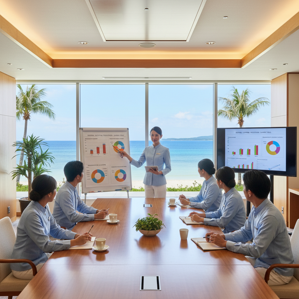 リピーター顧客の情報を確認するフロントスタッフ