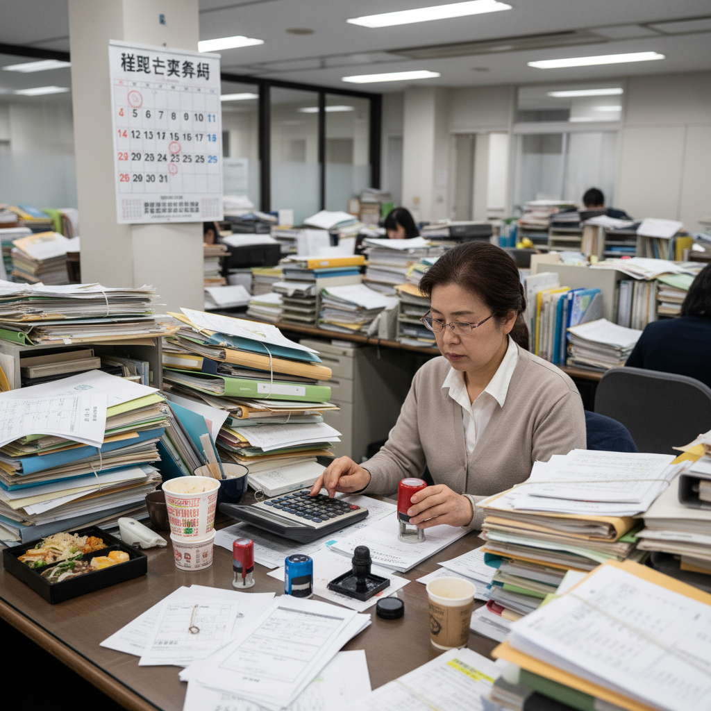 紙の証憑を手入力する事務所スタッフ