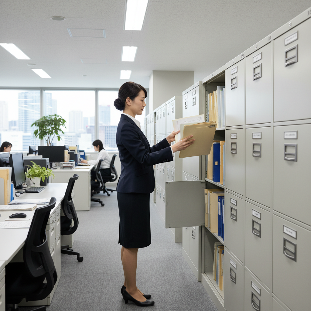 キャビネットで書類を探すスタッフ