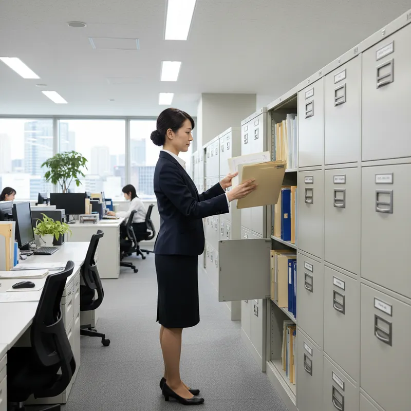 キャビネットで書類を探すスタッフ