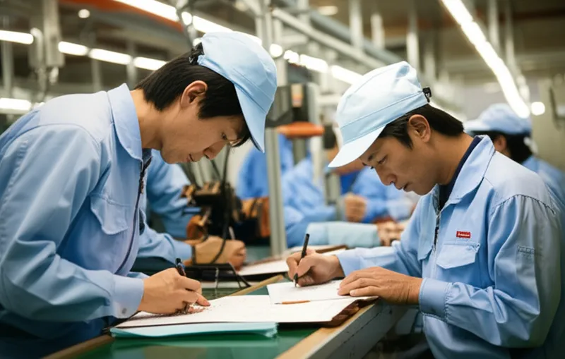 工場で打ち合わせをする作業員