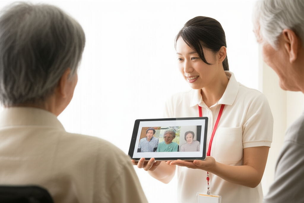 公園で車椅子の高齢者を介助する介護スタッフ