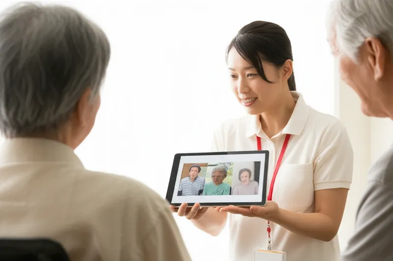 公園で車椅子の高齢者を介助する介護スタッフ