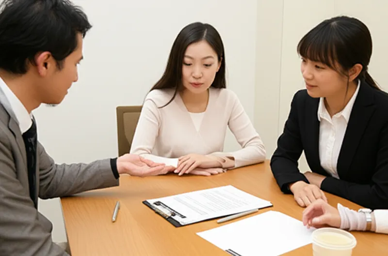 契約書を確認するお客様と不動産担当者