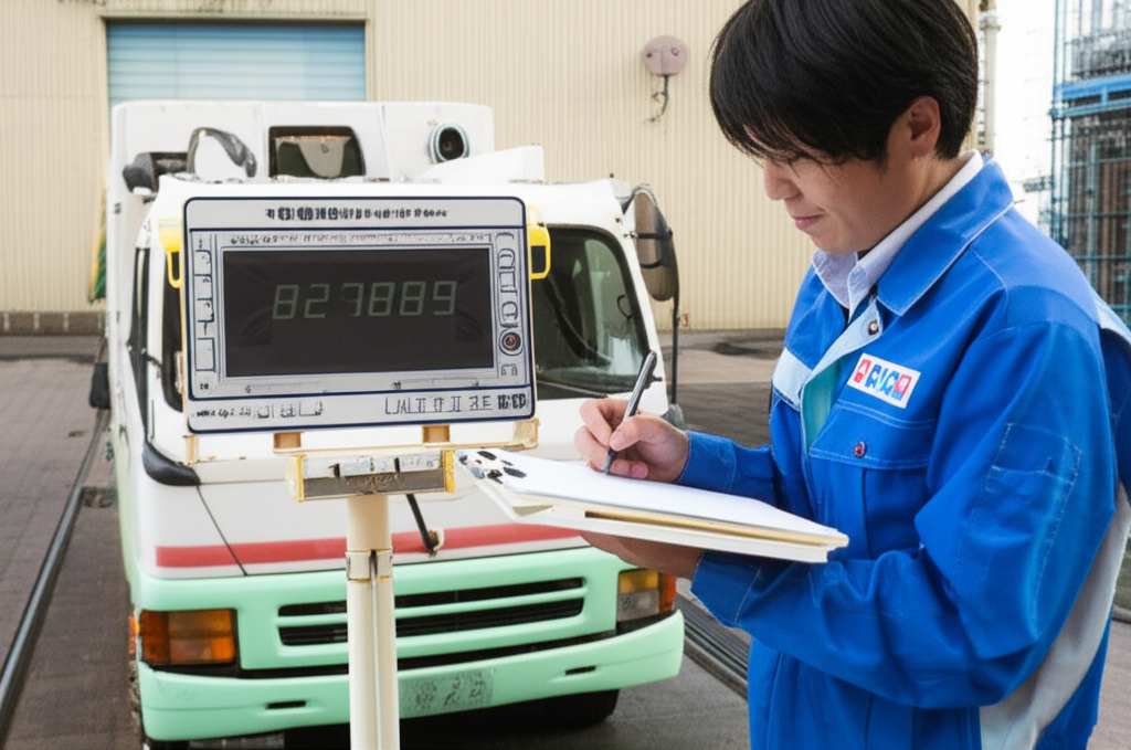 トラックにコンテナを積み込む作業員