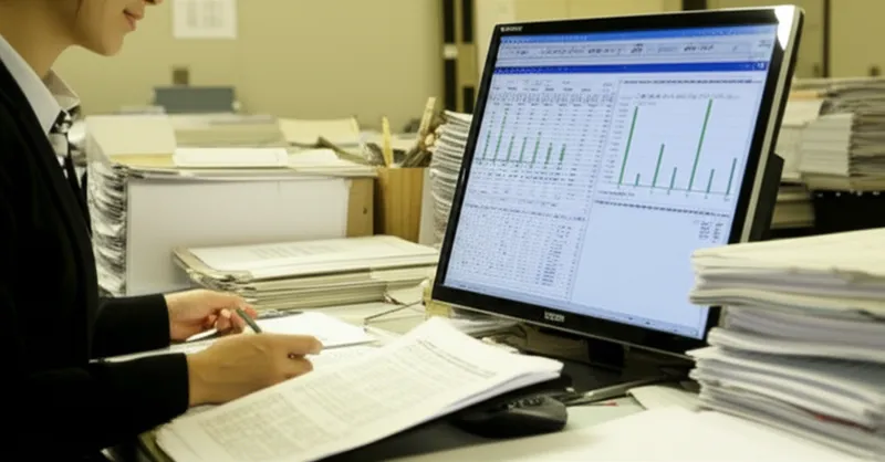 デスクで報告書を作成するスタッフ